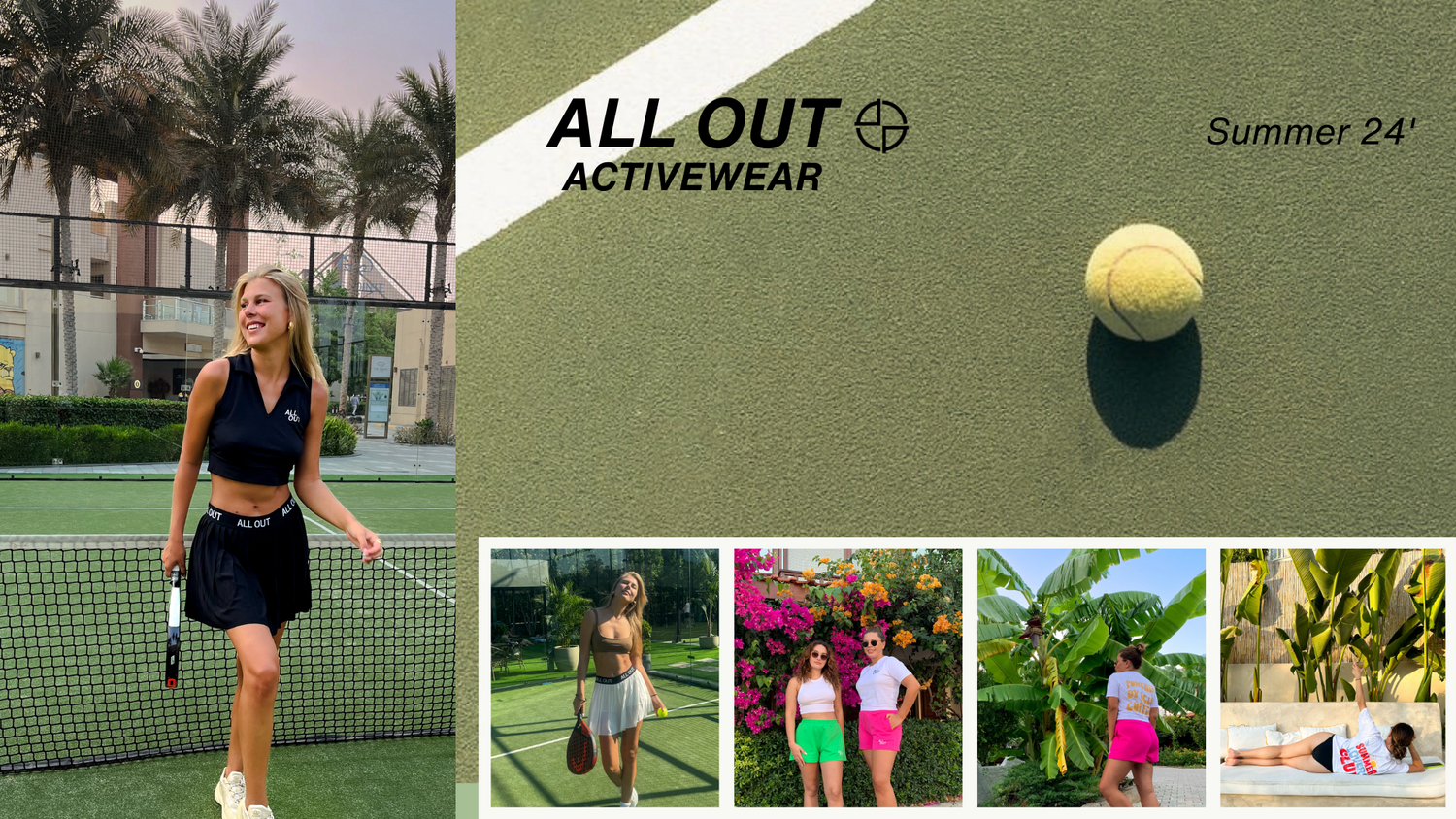 All Out Activewear presents it's summer 2024 collection. Think of the softest, the most-sweat wicking fabrics ever meeting the classic black tennis skirts and polo shirts and colorful soft summer shorts and cotton t-shirts!